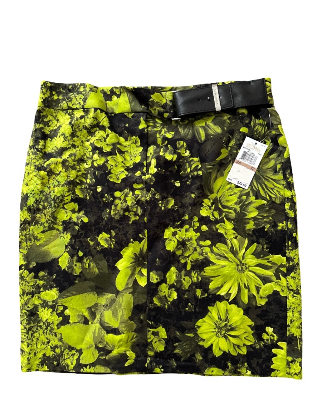 Michael Kors Neon Green Floral Velvet Mini Skirt with Black Belt